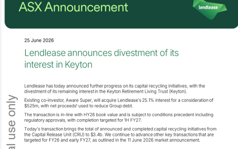 联实5.25亿澳元出售Keyton剩余股权，全面退出澳大利亚养老社区业务
