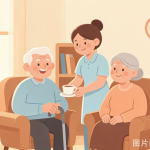 卡通风格老年人照护插画:护理者与两位老人在温馨客厅