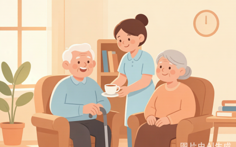 卡通风格老年人照护插画：护理者与两位老人在温馨客厅